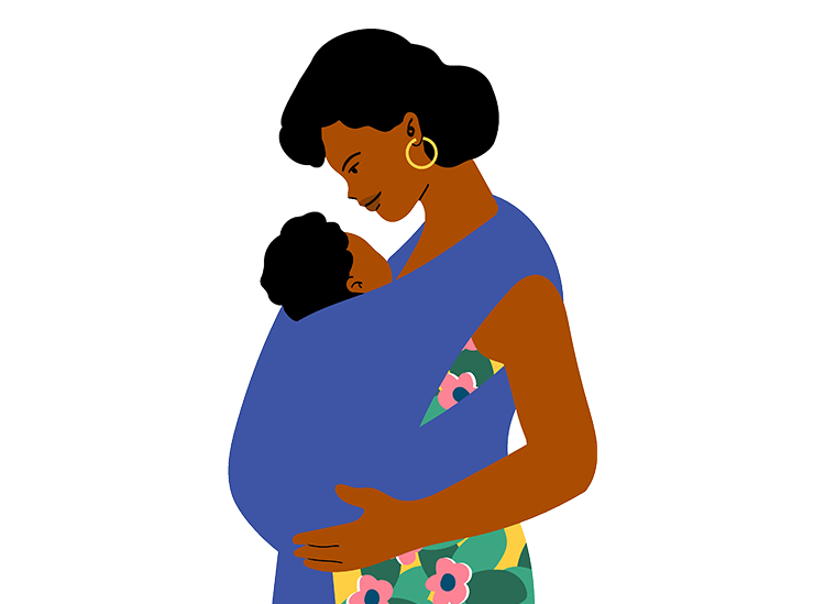 Graphic of a black mom carrying her baby in a wrap.