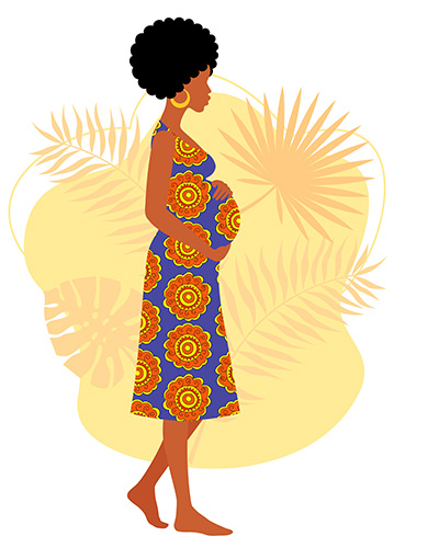 Illustration of a pregnant black woman walking while holding her belly.