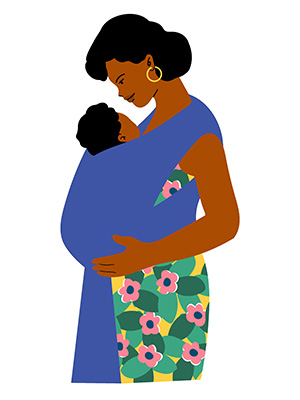 Illustration of a black woman caring her child in a cloth wrap.