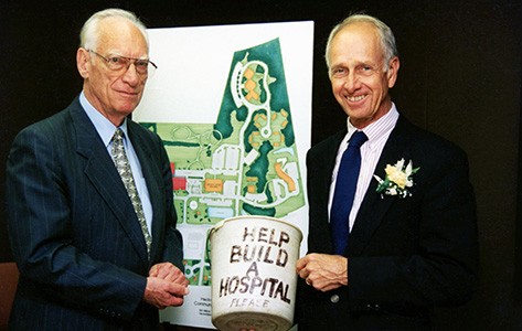 Hackettstown hospital founders hold donation bucket