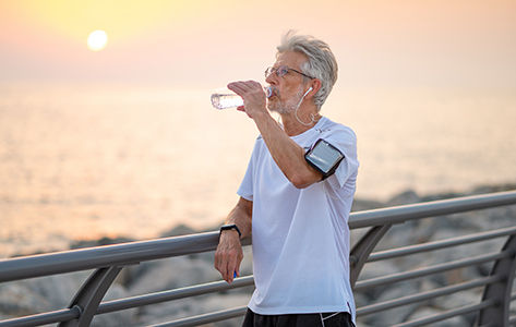 A man takes a water break during a summer jog