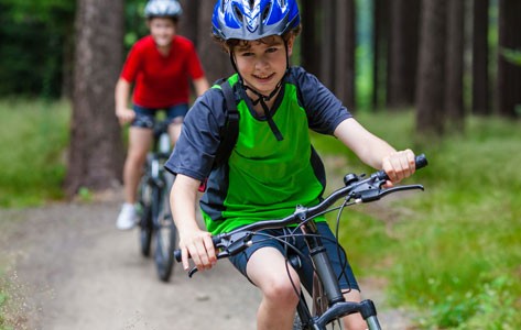 Niños que andan en bicicleta por el bosque