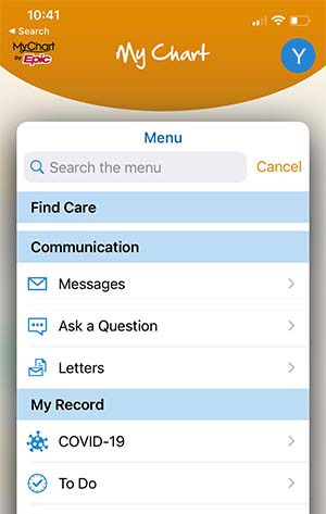Picture of the MyChart home menu.