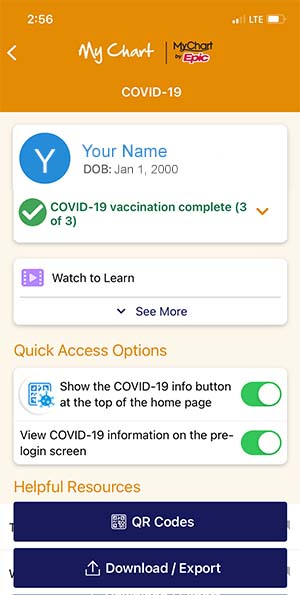 A screenshot of the MyChart COVID-19 options