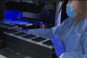 Una trabajadora de laboratorio examina una bandeja de tubos de ensayo.