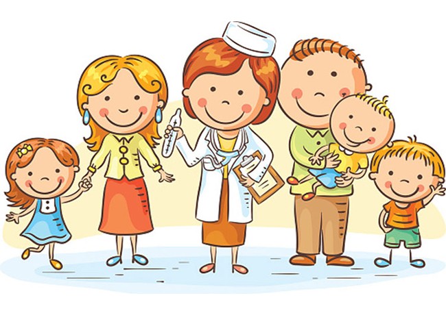 Cartoon pediatrician and family