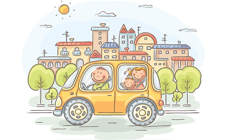 Familia de dibujos animados en coche