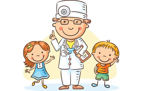 Pediatra en dibujos animados con pacientes infantiles