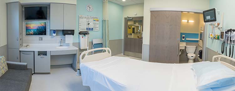 Una habitación para pacientes hospitalizados en el Hersh Children’s Center