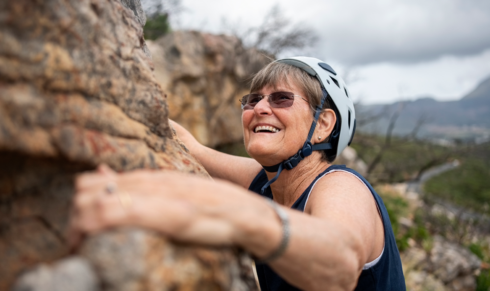 A woman rock climbing